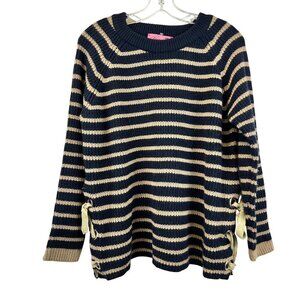 Glamour Farms Women’s Striped Knit Sweater Lace zip Sides Navy/Tan Size Small